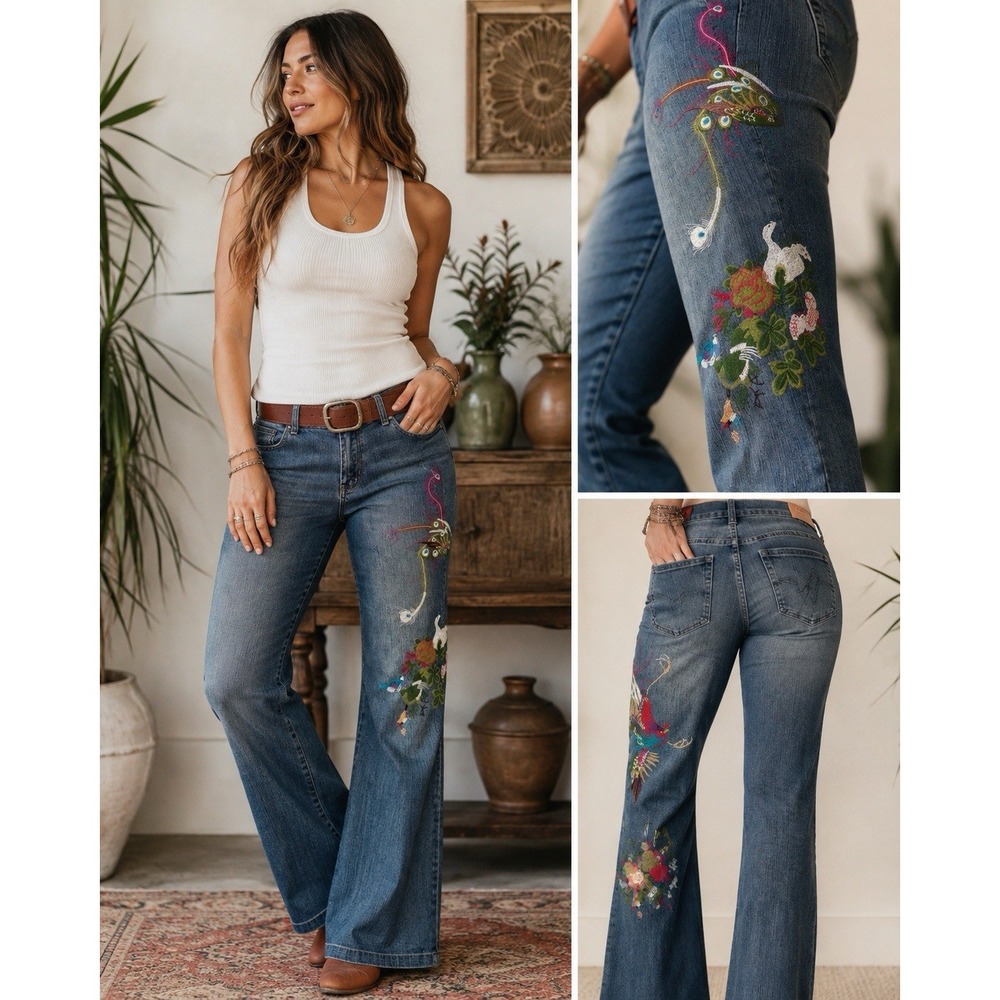 Vintage 90s Azita Embroidered Bootcut Jeans 12 Birds Peacock Floral Y2K Boho